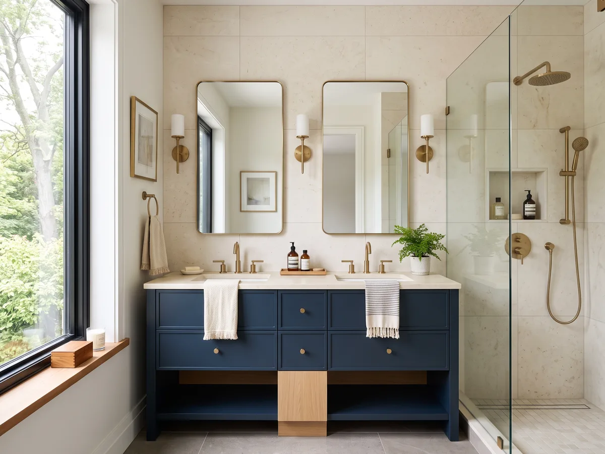 Daylit bathroom with a navy double vanity, cream stone tile and a frameless walk-in shower.