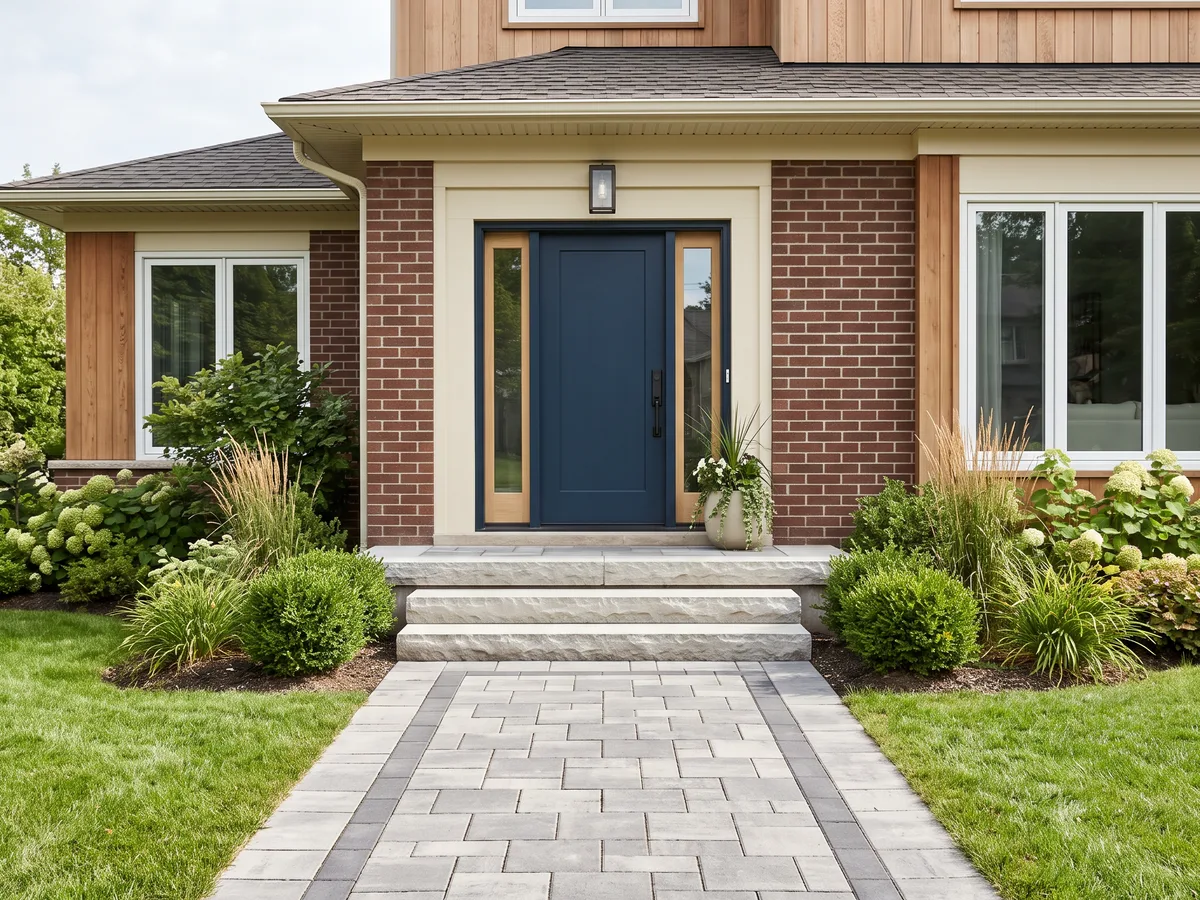 Interlocking front walkway and stone steps leading to a navy door on a brick family home.
