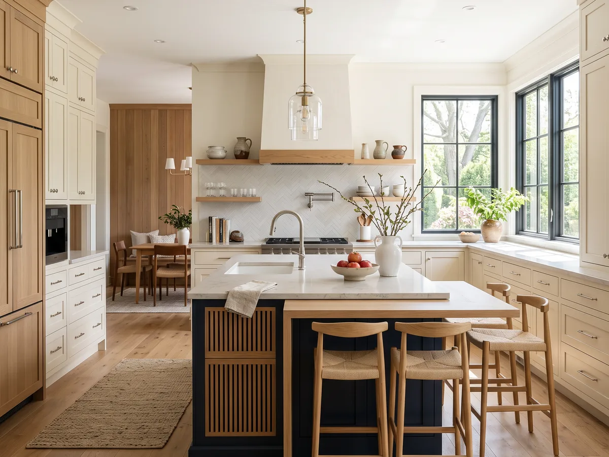 Bright kitchen with cream cabinetry, navy and oak island, pale stone counters and large windows.