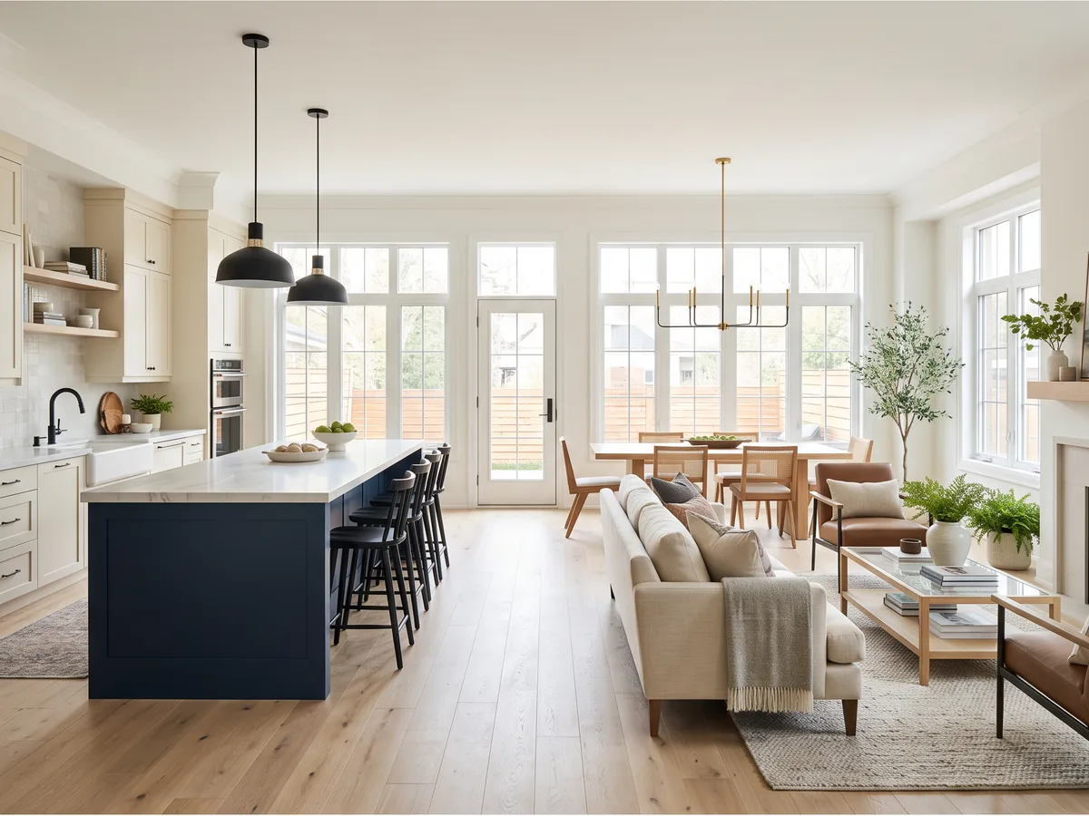 Daylit open main floor with a navy kitchen island, cream cabinets, an oak dining table and a living room.