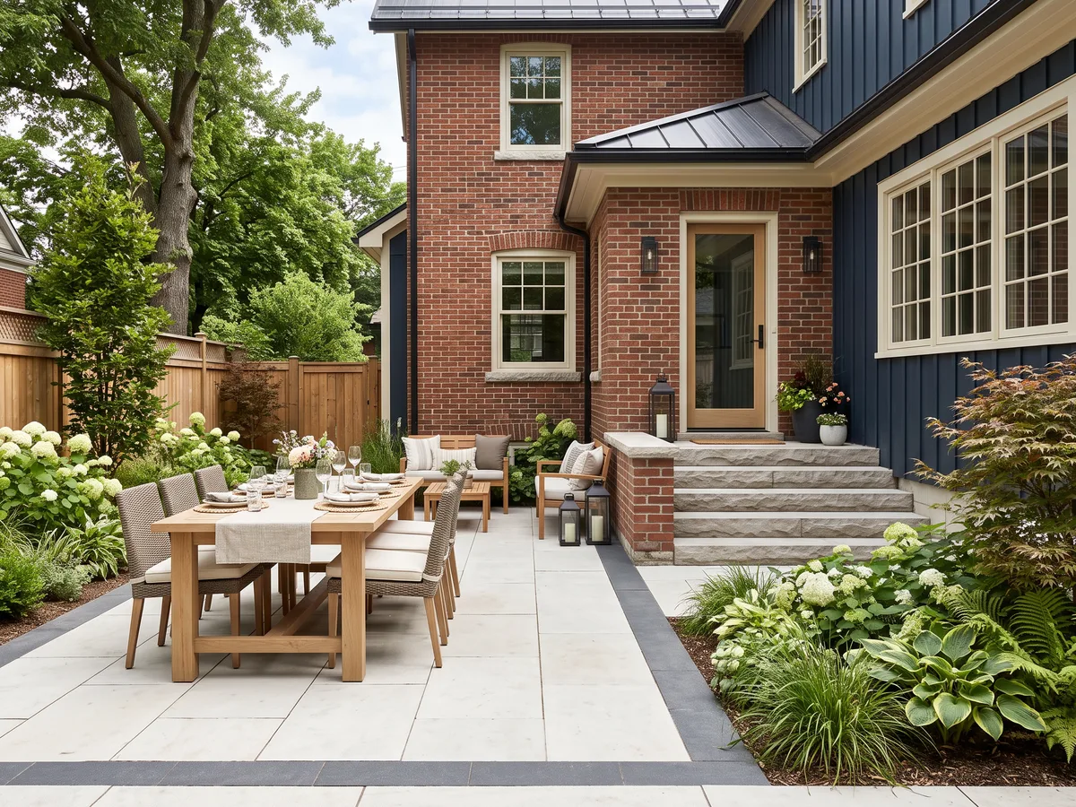 Pale stone patio with a charcoal border, outdoor dining table and planted garden edge beside a brick home.