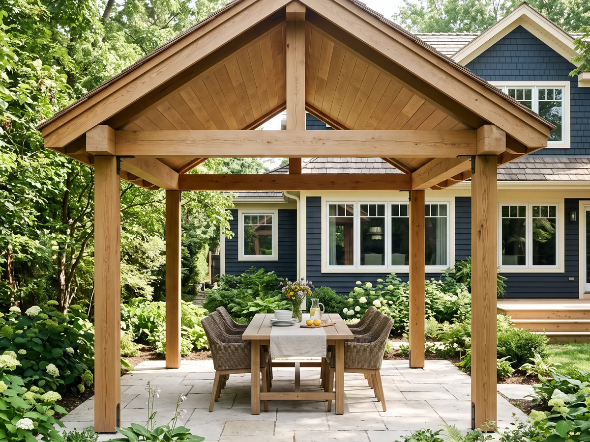 Cedar pavilion with a shingled gable roof sheltering an outdoor dining table on stone paving.