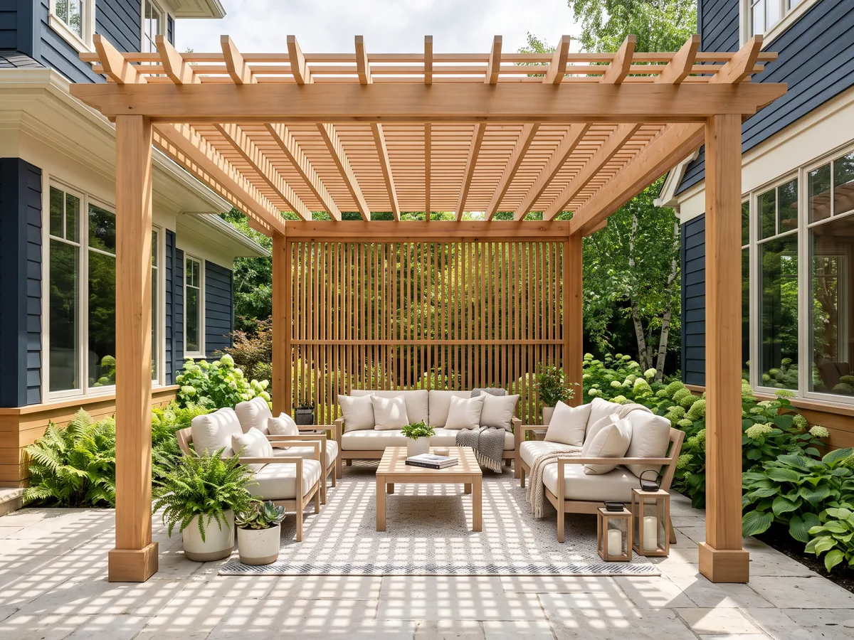 Cedar pergola with open rafters and a slatted screen over a stone terrace with cream outdoor seating.