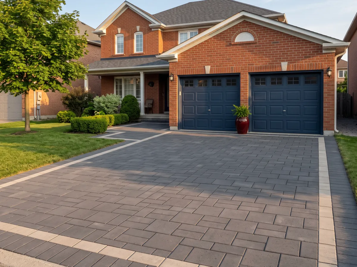 Charcoal interlocking driveway with a pale border, in front of a red-brick house with navy garage doors.