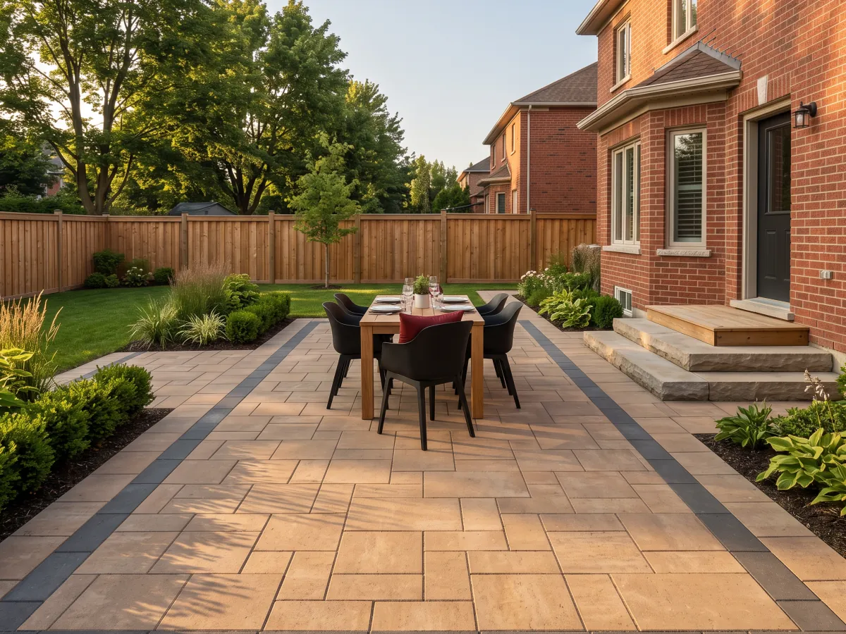 Tan paver patio with a dark border, stone steps up to the back door and an outdoor dining table.