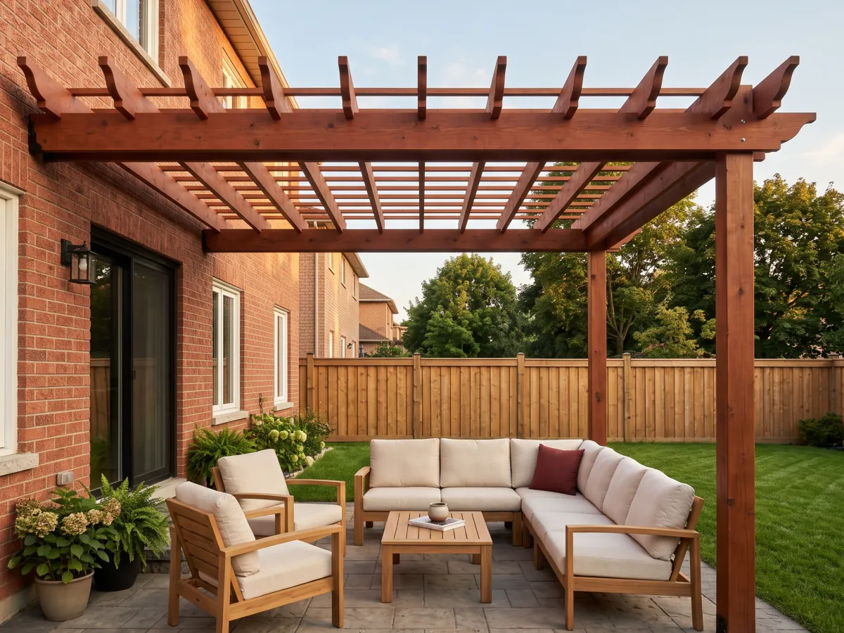 Red-brown cedar pergola attached to a brick house over a paver patio with an outdoor sofa.